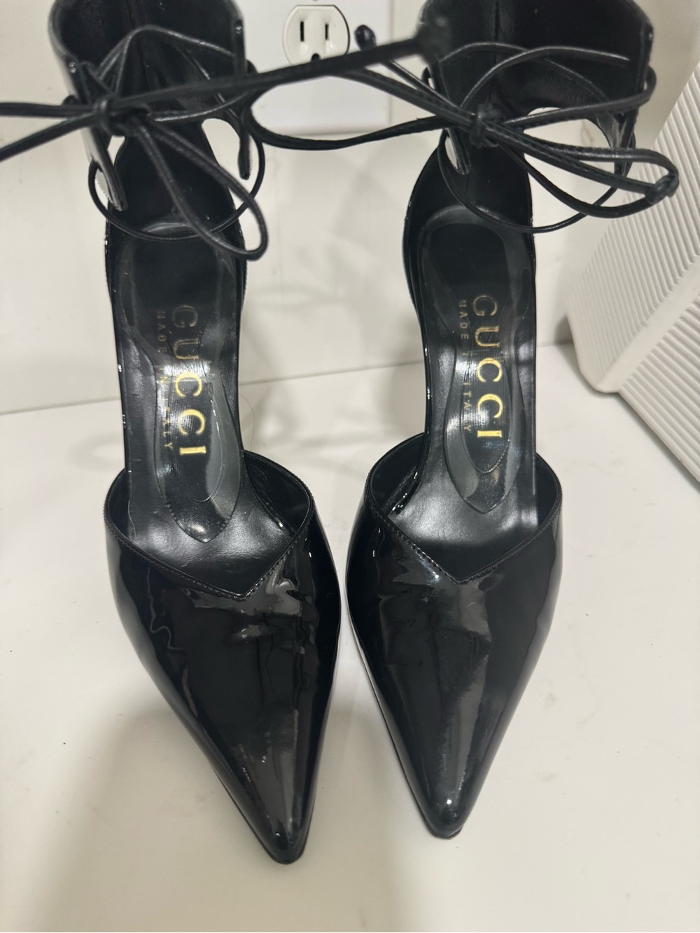 Gucci Black Patent Pointed-Toe Lace-Up Heels